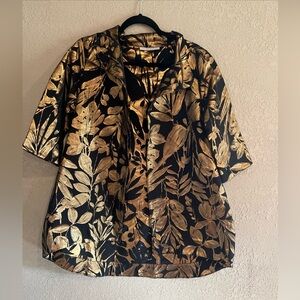 bryn Walker Black Top/Jacket  with Metallic Gold  Print XXS Oversized Hi Lo Hem